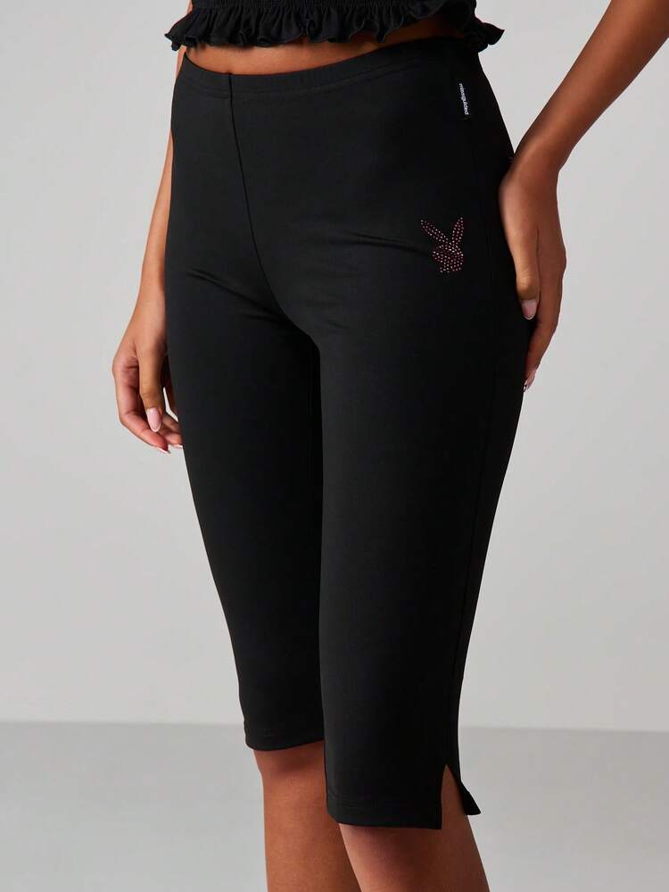 Missguided x Playboy Rhinestone Logo Capri Leggings With Studded Embellishment Details High Waisted Stretch Pants