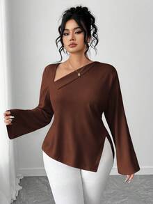 Elenzga Plus Size Women Oblique Collar Open Slit Back Tie Shirt - Brown - View 6