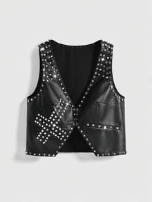 ROMWE Grunge Punk Dark Metal Punk Rivet PU Leather Vest Jacket - Black - View 9