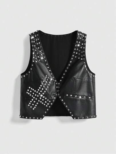 Grunge Punk Gilet in pelle PU stile punk con borchie in metallo scuro