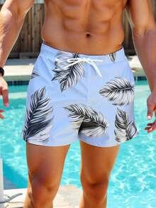 Zalmeno 男士夏季树叶印花抽绳腰沙滩短裤 - 淺藍色 - 查看 4