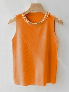 INAWLY Women Plus Size Solid Color Faux Pearl Decor Round Neck Orange Sweater Vest, Orange Top, Daily Wear Winter Fall Autumn - Orange - View 3