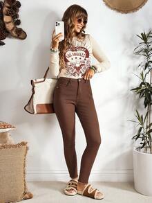 EMERY ROSE Quần Jeans Túi Nút Màu Trơn Đơn Giản Thường Ngày Cho Nữ - Cà phê nâu - Xem 7