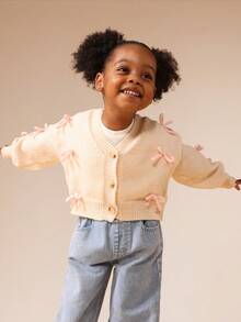 SUMWON Young Girl Cropped Button Front Cardigan With Bow Decorations For Fall Winter Casual School - Apricot - View 4