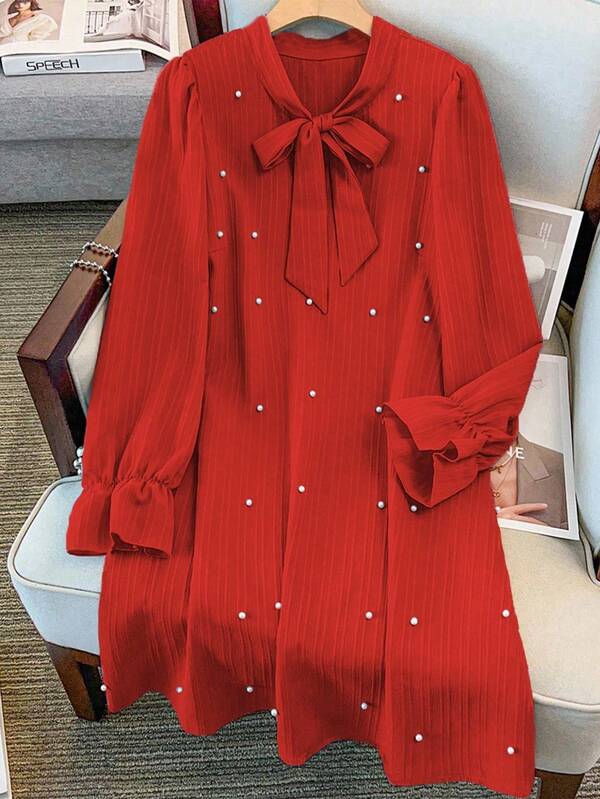 GlowEve CURVE Plus Size Women Solid Color Tie Collar Long Sleeve Faux Pearl Decor Elegant Dress