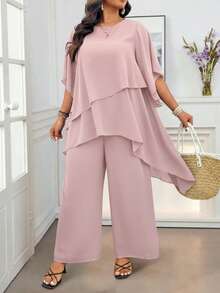 SHEIN LUNE 大码雪纺多层不对称交叉喇叭袖上衣 + 双层雪纺阔腿裤休闲两件套，适合外出、度假和通勤。女士夏季套装，女装，夏季服装，大码女装，商务休闲装。 - 藕粉色 - 查看 3