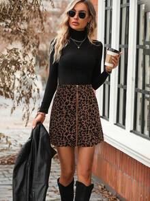 EMERY ROSE Leopard Print Zipper Pocket Elegant Office Skirt Corduroy Women - Brown - View 6