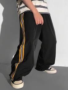 SHEIN Tween Boys' Casual Versatile Comfortable Colorful Ribbon Letter Woven Label Straight Loose Solid Color Pants, Suitable For Commuting, School, Daily Casual, Travel, Sports, Spring/Summer/Fall/Winter,Thanksgiving,Christmas,Winter,Winter Clothes,Cozy Fall & Winter Styles, - Black - View 2