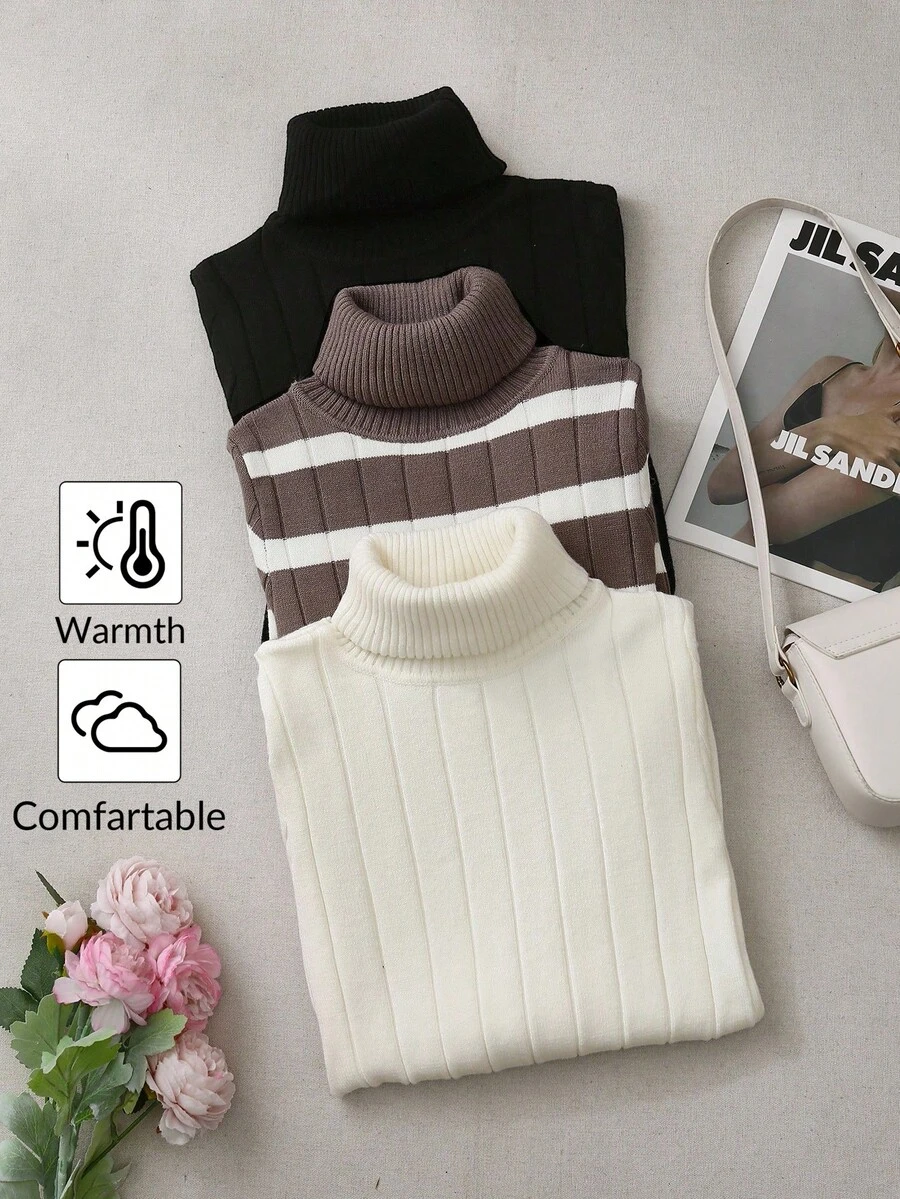 SHEIN LUNE 3 件套女式高领长袖毛衣，黑色、白色、卡其色条纹，简约百搭打底衫
