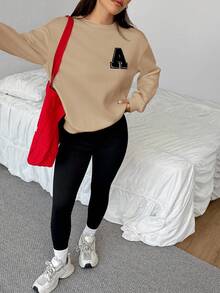 SHEIN EZwear 女士秋冬新款运动卫衣和紧身裤套装 - 卡其色 - 查看 6