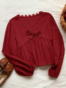 Comfortcana 女士纯色蕾丝拼接V领系带长袖衬衫，红色女式上衣 - 酒紅色 - 查看 5