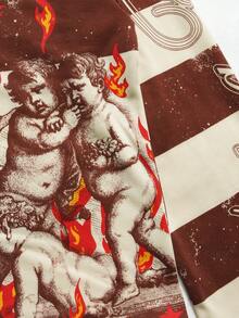 ROMWE MEN Street Life 男士街头图案印花条纹 Polo 领长袖 T 恤，秋冬 - 杏色 - 查看 2