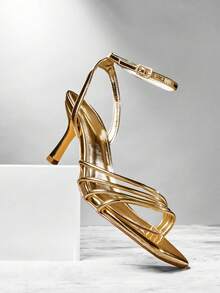 SHUZIA 魅力女士镜面金色方头踝带一脚蹬春夏高跟凉鞋节日派对舞会 - 金色 - 查看 5