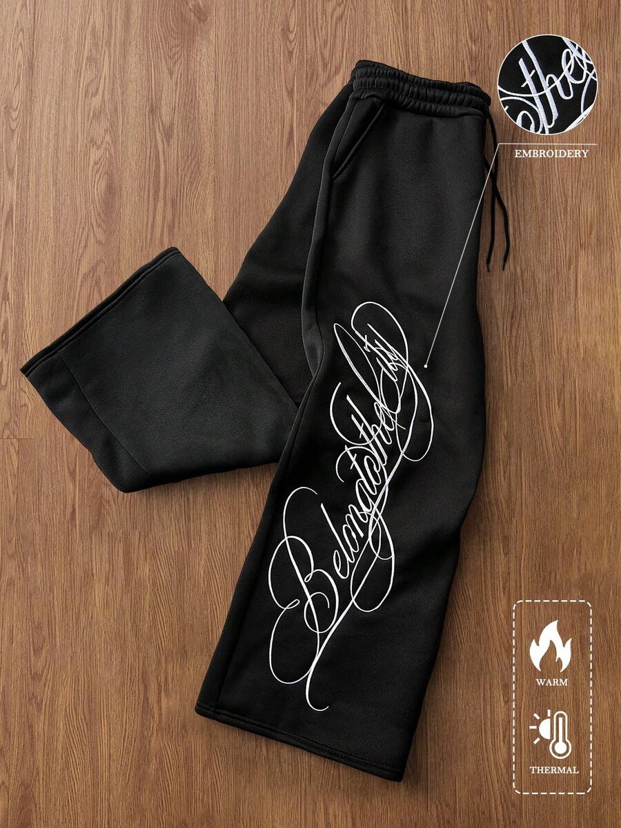 TOKVUE Men's Street Style INS Side Embroidered Pants, Suitable For Music Festivals, Nightclubs, Boyfriend/Husband Gifts, Anniversary Gifts, Black Casual Sweatpants - Black - View 1