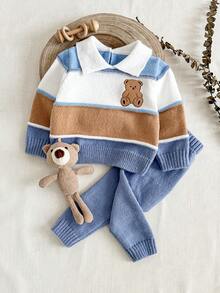 SHEIN 2件套幼儿男童条纹针织小熊刺绣可爱毛衣和裤子套装 - 藍白色 - 查看 1