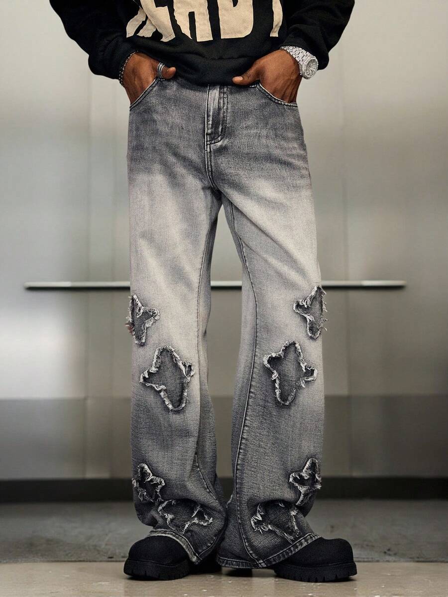 PAVTROS Jeans da uomo a gamba dritta con toppe ricamata, jeans messicani, Natale - Grigio Chiaro - Visualizzare 1