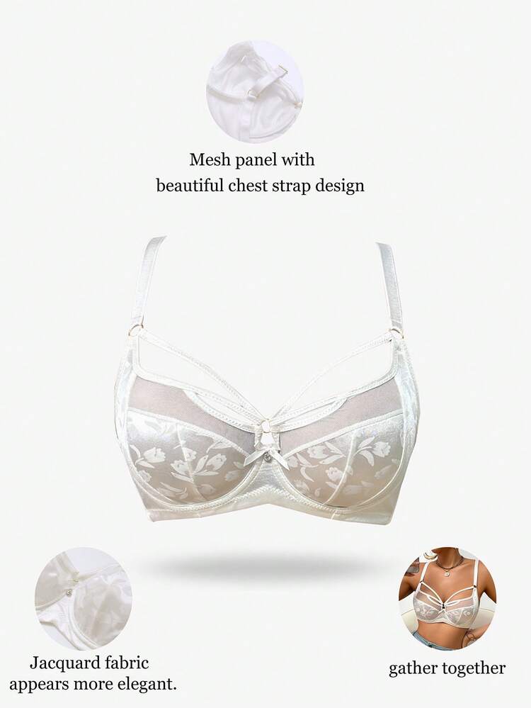 1 件女士花卉提花镂空设计时尚钢圈文胸 - 白色 - 查看 2