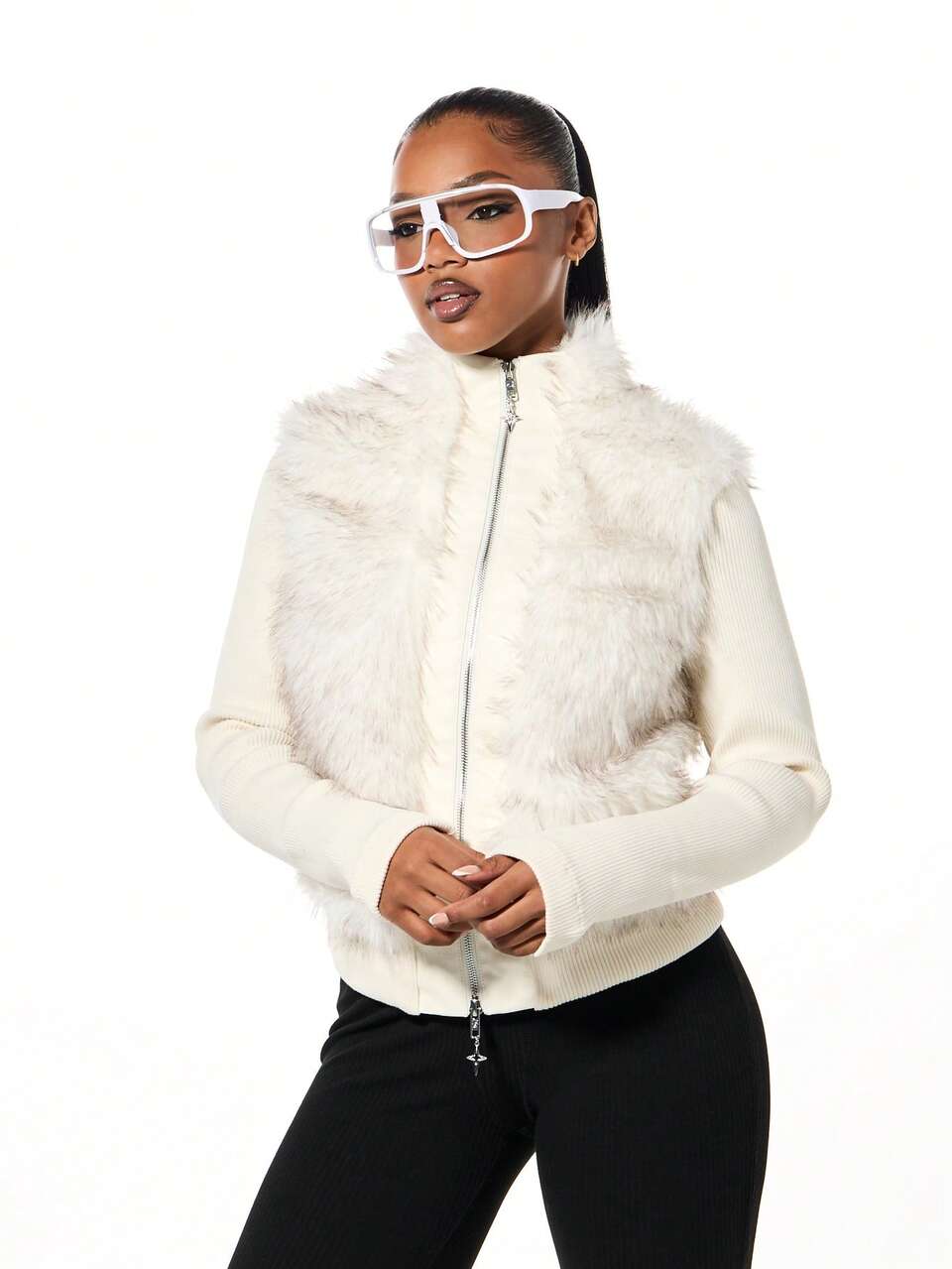 SUMWON Faux Fur Sleeve Bomber Jacket Winter Coat Knit Sleeve Zip Up Outerwear