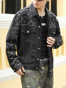 ROMWE MEN Street Life Men's Casual Fashion Street Star Rhinestone Flap Pocket Denim Jacket, Spring/Autumn - Black - View 5