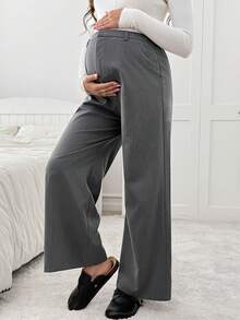 SHEIN Maternity Casual Everyday Commute Solid Color Zip Fly Loose Wide Leg Pants - Dark Grey - View 6