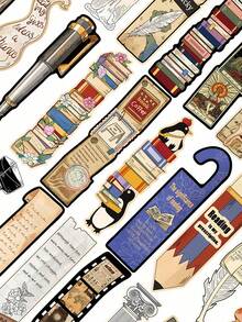 复古阅读主题30件套书签套装，日记本涂鸦书签，经典装饰墙贴，美观文具系列 - 彩色 - 查看 10