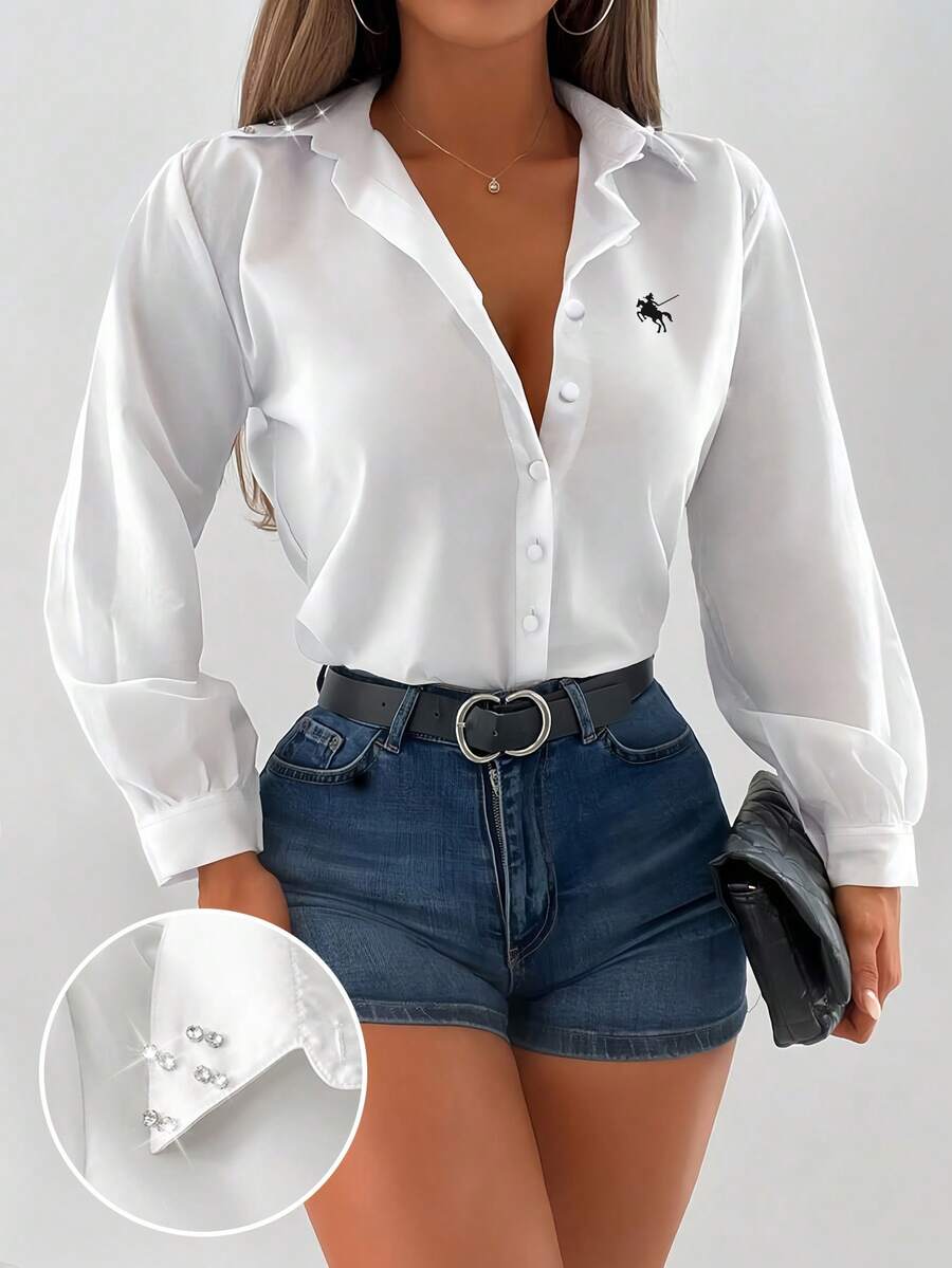 INAWLY Camisa de manga larga con estampado de cristales, informal y cómoda para ir al trabajo - Blanco - Ver 1