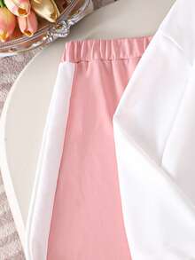 SHEIN Girls Autumn/Winter Casual White Long Sleeve Sweatshirt With Pink 3D Bow + Pink & White Contrast Color Pants Set, Sweet & Cute, Comfortable - Multicolor - View 7