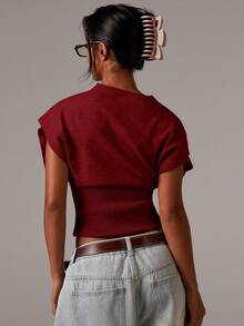 Athîral 女士纯色修身短款针织开衫背心，前扣设计，秋冬装 - 紅色 - 查看 2