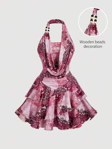 SHEIN MOD 复古 70 年代不对称迷你连衣裙，粉色拼布印花，荷叶边细节，露背领口，串珠装饰，分层蛋糕下摆和围脖领口 - 灵感来自 Y2K，非常适合海岛度假、派对、约会、生日庆祝、下午茶和节日！ - 彩色 - 查看 3