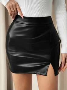 SHEIN PETITE Slit Hem PU Tight Mini Black Skirt Suitable For Parties And Daily Commuting In Autumn And Winter ,Petite Women - Black - View 4