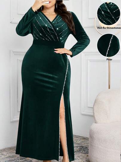 Modelyn Plus Size Women's Elegant Party Rhinestone V-Neck High Slit Maxi Dress