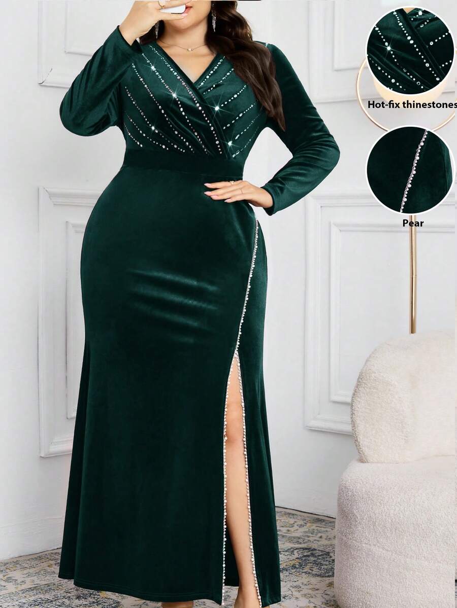 Modelyn Plus Size Women's Elegant Party Rhinestone V-Neck High Slit Maxi Dress - Dark Green - View 1