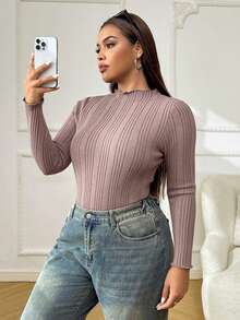 SHEIN EZwear Plus Size Women Casual Pink Long Sleeve T-Shirt, Autumn