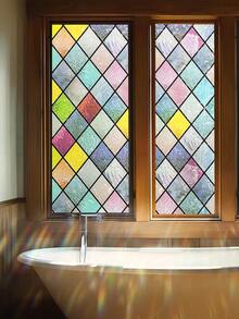 1 Roll Retro Diamond Window Decorative Film, Rainbow Grid Static Cling Privacy Film, Non-Adhesive UV Blocking, For Home Decor, Size 17.7 X 118 Inch - 彩色 - 查看 15