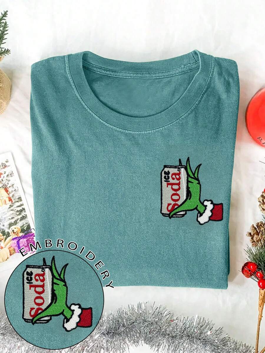 INAWLY 女士 T 恤/字母印花/圣诞节/刺绣/时尚 T 恤/圣诞上衣/圣诞派对 T 恤，可爱的圣诞节礼物/休闲简约时尚上衣/有趣的运动衫/女士休闲宽松圆领上衣/春夏 - 藍色 - 查看 1