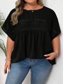 SHEIN CURVE+ Áo sơ mi Dolman ren tương phản cỡ lớn của Thụy Sĩ - màu đen - Xem 3