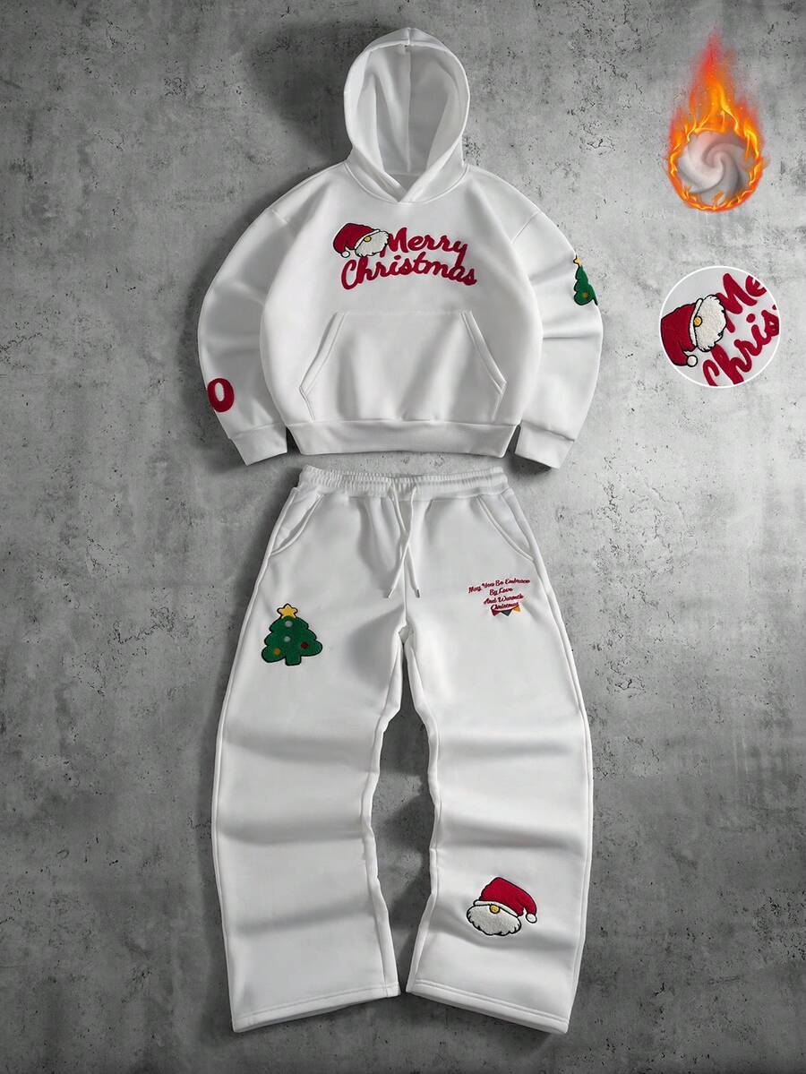 PAVTROS Set bărbătesc cu hanorac și pantaloni de trening brodați cu broderie de Crăciun, pentru iarnă