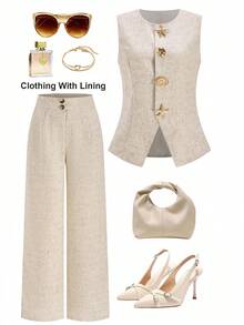 Ellevyn 贝壳金属扣无袖上衣和西装裤套装，优雅时尚，适合通勤和办公室穿着 - 杏色 - 查看 6