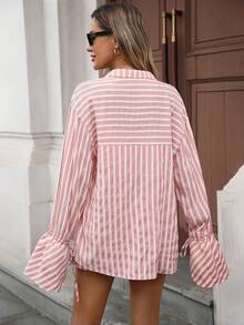 INAWLY 2pcs Women Casual Striped Front Button Shirt And Shorts Set Fall Cloth For Women - Pink - View 2