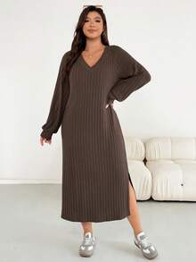 Shapeblank 大码女装秋冬时尚休闲宽松舒适日常基本百搭修身深棕色拉绒保暖面料 V 领长袖中长连衣裙，秋季服装，简约风格，棕色连衣裙