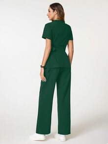 TaskEZ Komplet pielęgniarski, jednokolorowy top z dekoltem w serek, krótkim rękawem i węzłem z boku, ze spodniami