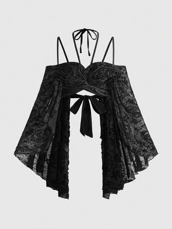 Goth Blusa trasparente con maniche a sbuffo, con patchwork a farfalla, in stile Y2K, adatta per vacanze e spiaggia