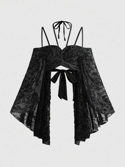 Goth Blusa trasparente con maniche a sbuffo, con patchwork a farfalla, in stile Y2K, adatta per vacanze e spiaggia
