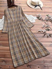 Linhara 大码女式休闲圆领长袖连衣裙，适合户外、日常穿着、乡村、秋冬 - 彩色 - 查看 3