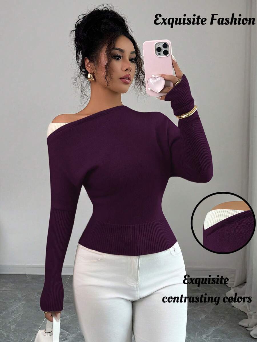 Elenzga Women's Colorblock Asymmetric-Shoulder Pullover Sweater, Elegant Vintage Style Suitable For Vacation And Holidays, Spring/Autumn - Red Violet - View 1