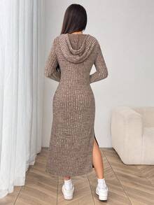 SHEIN EZwear 女款長袖針織中長洋裝，連帽設計，修身羅紋針織開衩洋裝，咖啡棕色，秋季休閒日常款 - 駝色 - 查看 2