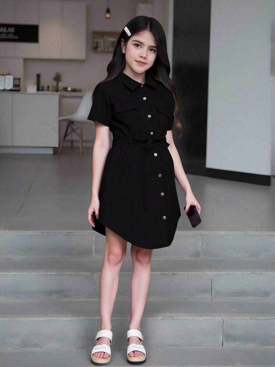 Tween 女童休闲纯色前排纽扣衬衫裙 - 黑色 - 查看 1