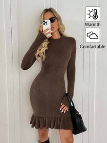 SHEIN LUNE Vestido mini de ajuste ceñido para mujer con volante en el bajo, tela de felpa, cuello redondo, manga larga, otoño/invierno - Marrón - Ver 2
