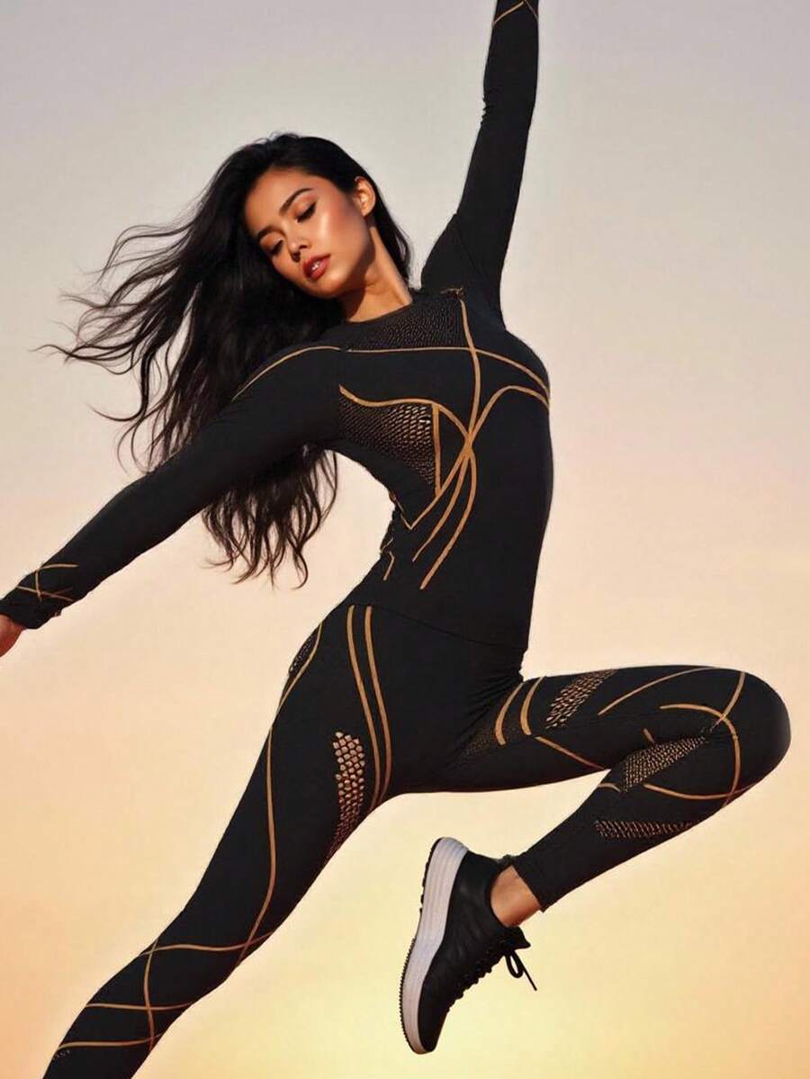 Innovista Conjunto de ropa deportiva sin costuras, de alto soporte, de secado rápido, adecuado para uso diario, yoga, pilates, entrenamiento HIIT, de la oficina al gimnasio, mallas, ropa estructurada de otoño, camiseta de manga larga, mallas con protección UV, cómodo, funcional, malla transpirable, control de abdomen, compresión y moldeado, adecuado para ejercicio aeróbico, correr, deportes al aire libre, ropa deportiva de otoño e invierno, diseño a rayas