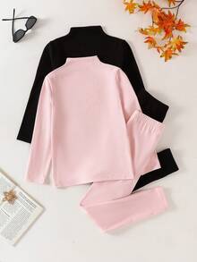 SHEIN 4pcs Girls' Minimalist Black & White Fleece Long Sleeve Top And Pants 4-Piece Pajama Set, Autumn/Winter - Multicolor - View 2
